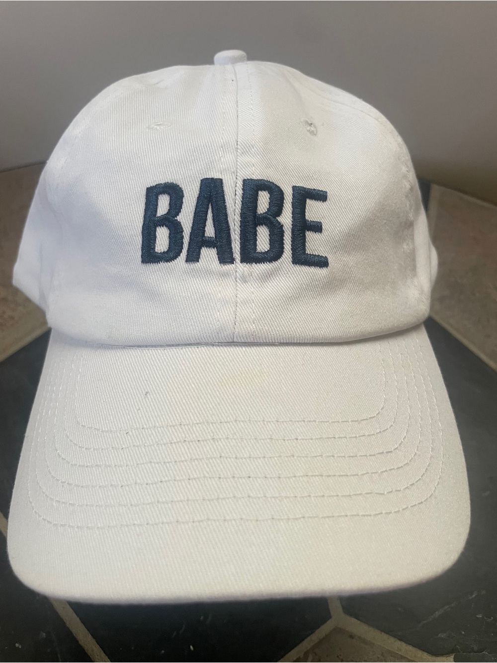 BABE White Baseball Cap with Navy Logo by SWISH. NEW, NEVER WORN.